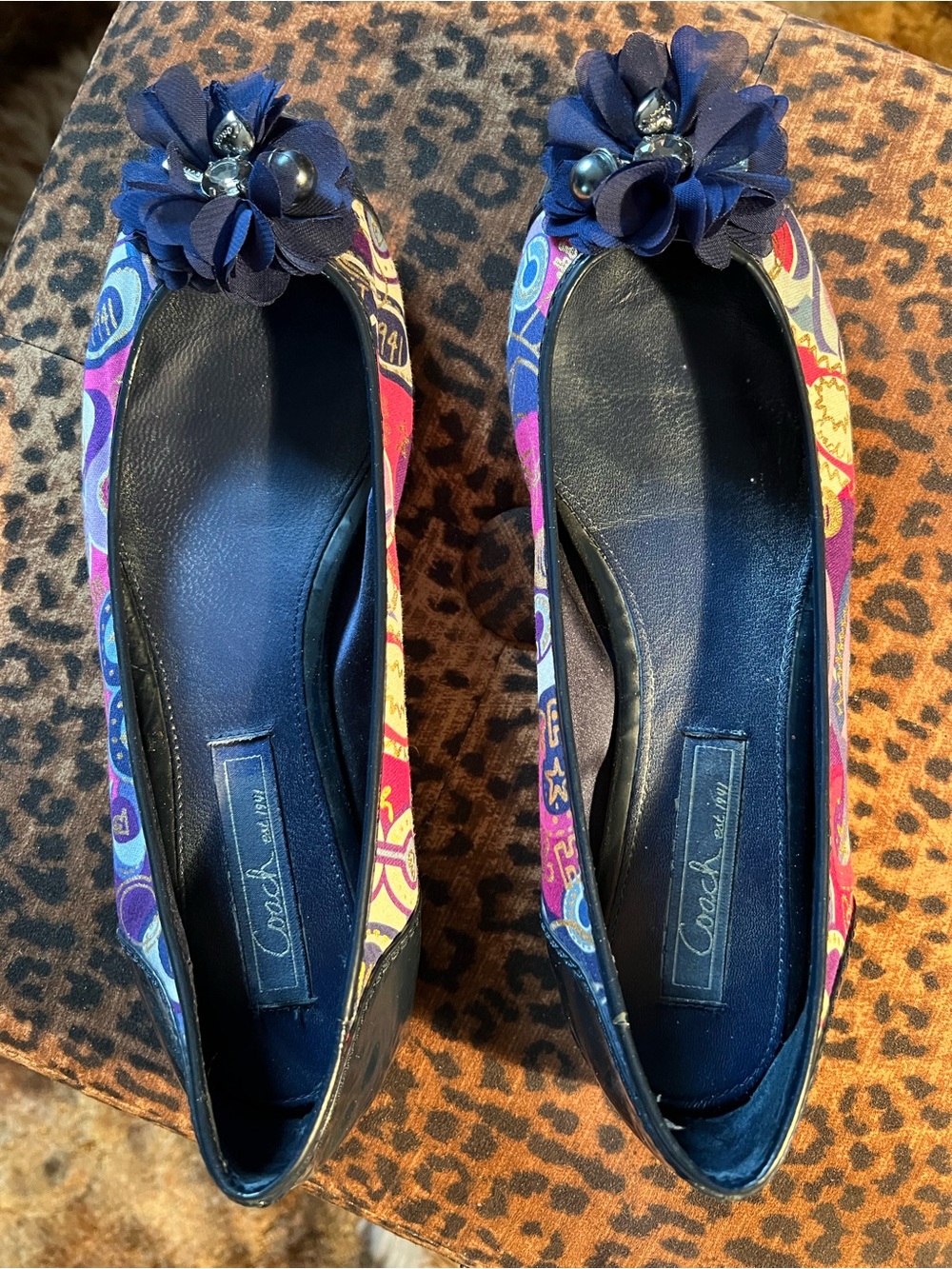 Coach Multicolor Printed Ballet Flats with Navy Floral Appliqués, Sz. 8